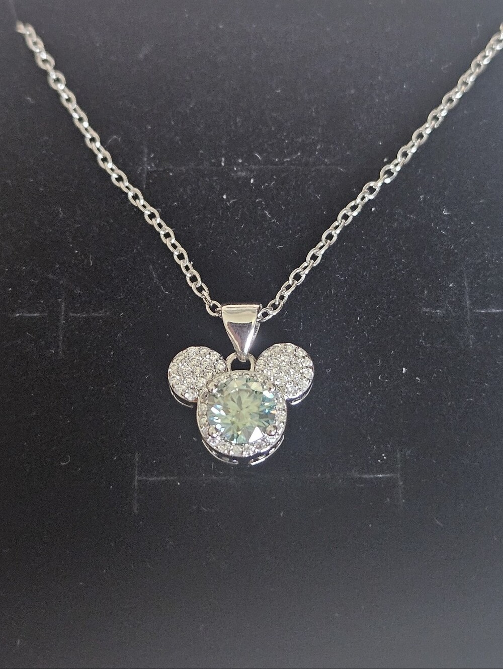 Blue Green Moissanite & Silver Mouse Pendant Necklace